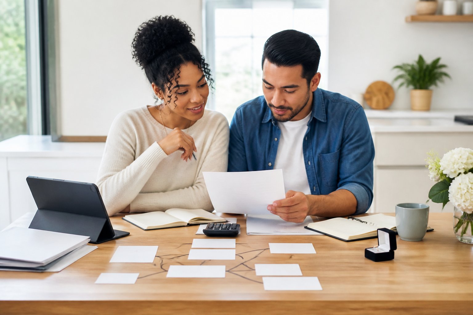 An engaged couple reviews financial documents and organizes household debt information together at a table.