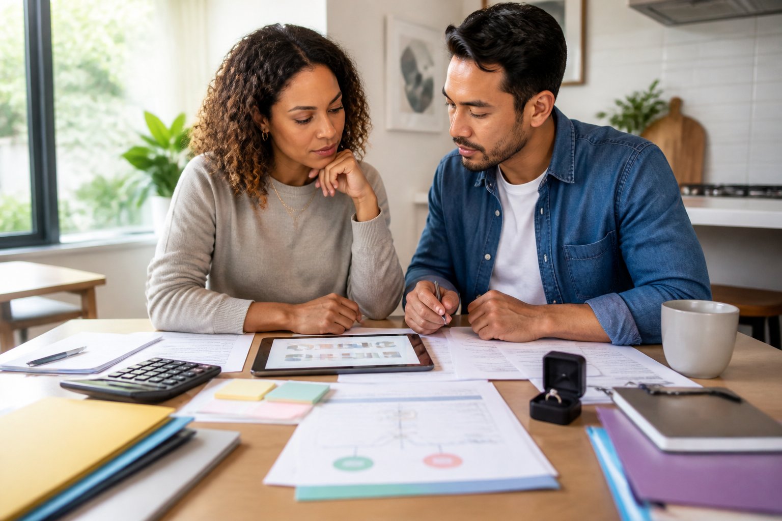 A couple reviews financial documents and planning materials together at a home table.