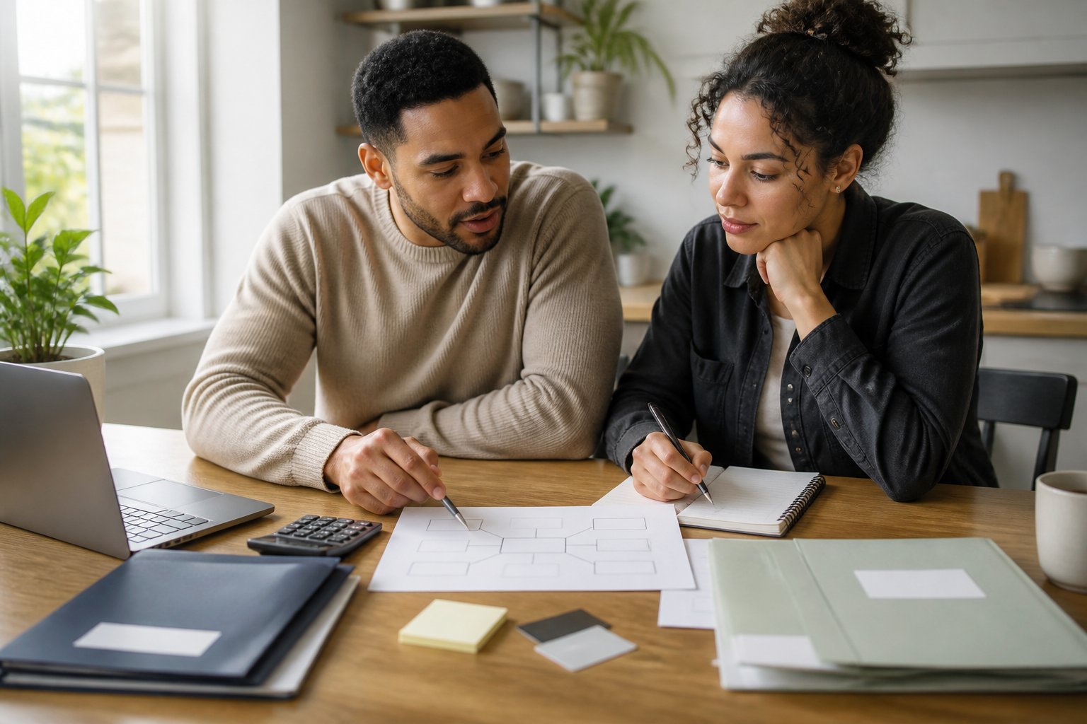 A couple sits together reviewing financial papers and a blank liability map at a home table.