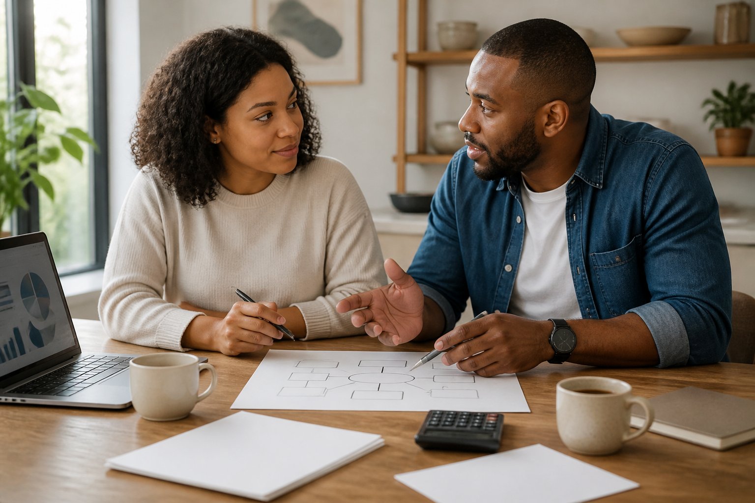 A couple calmly reviews shared financial planning materials together at a dining table.