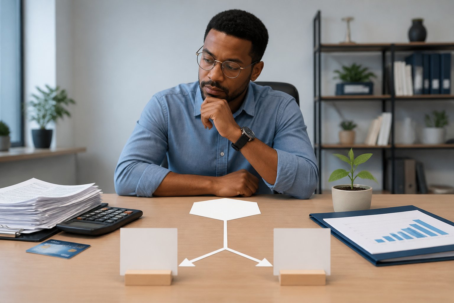 A professional compares debt payments with retirement savings options at a desk.