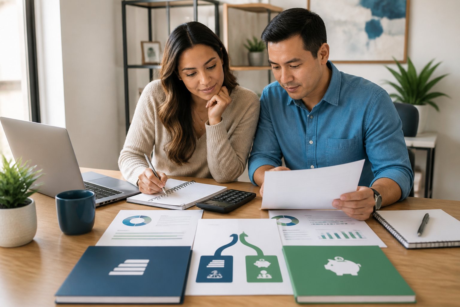 A couple reviews debt and retirement savings options at a home office desk.