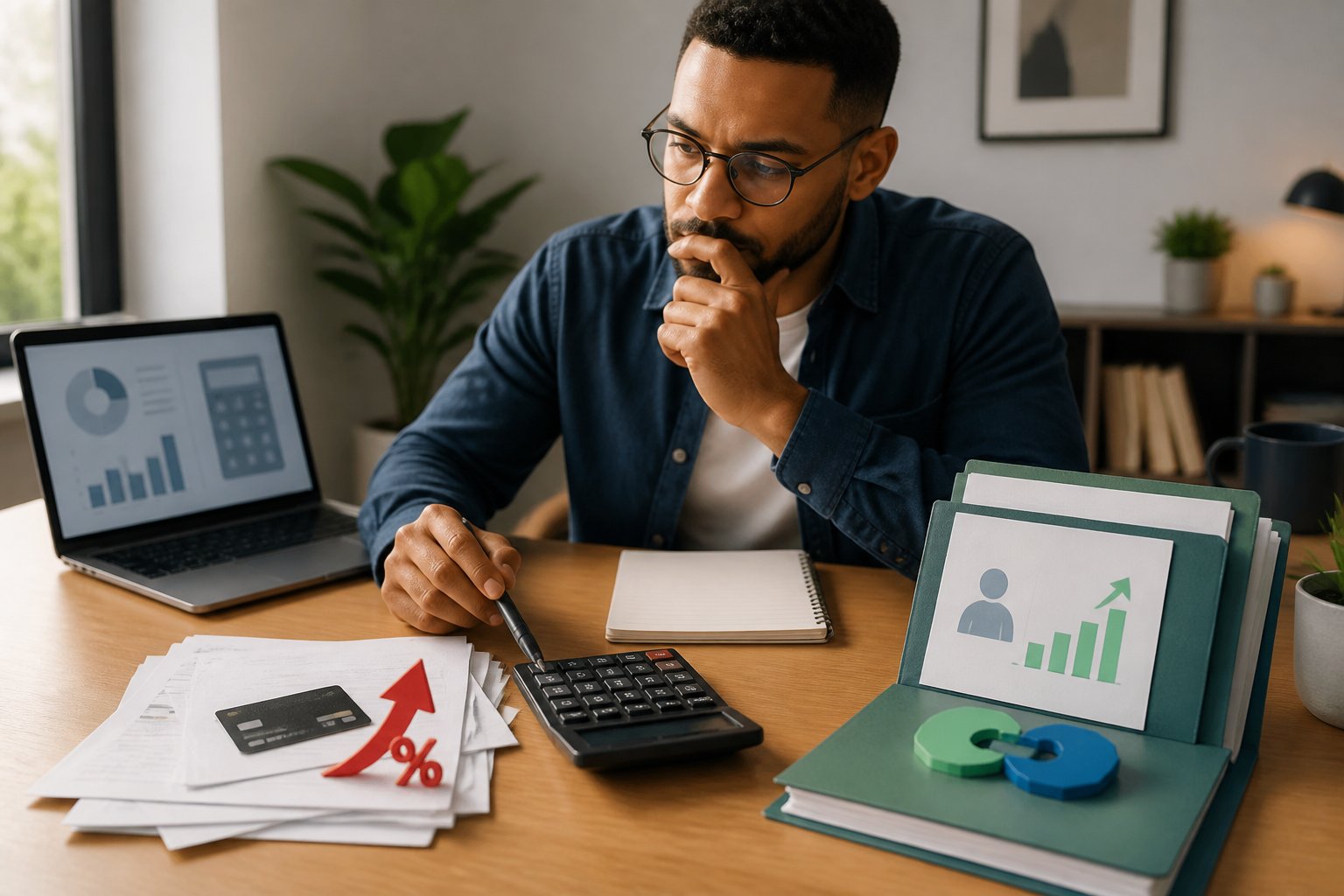 A professional compares high-interest debt payments with retirement savings contributions at a home-office desk.