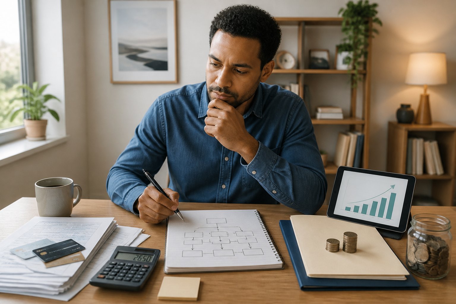 A professional reviewing debt payments and retirement savings options at a home office desk.