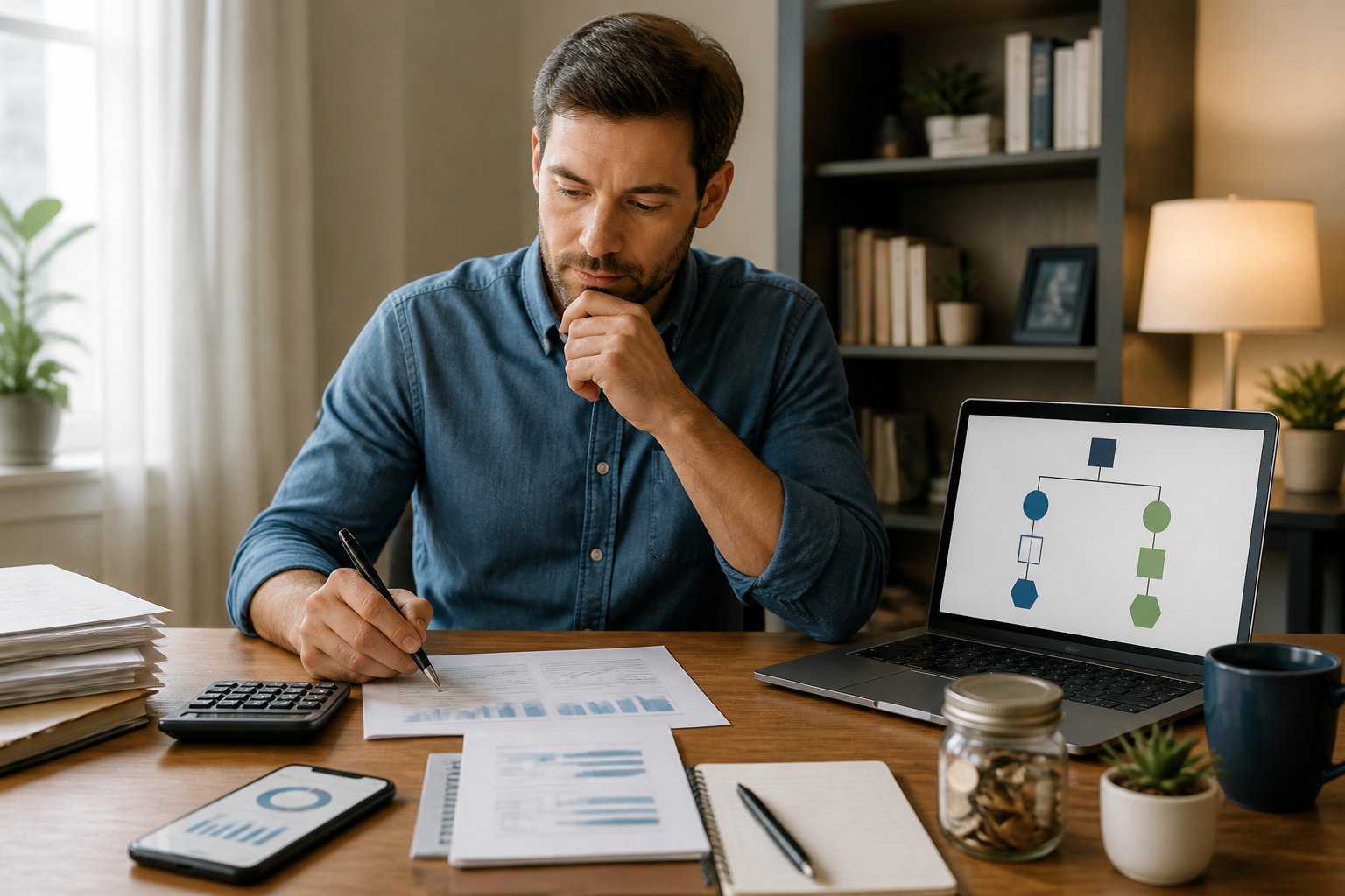 A professional reviews debt repayment and retirement savings options at a home office desk.