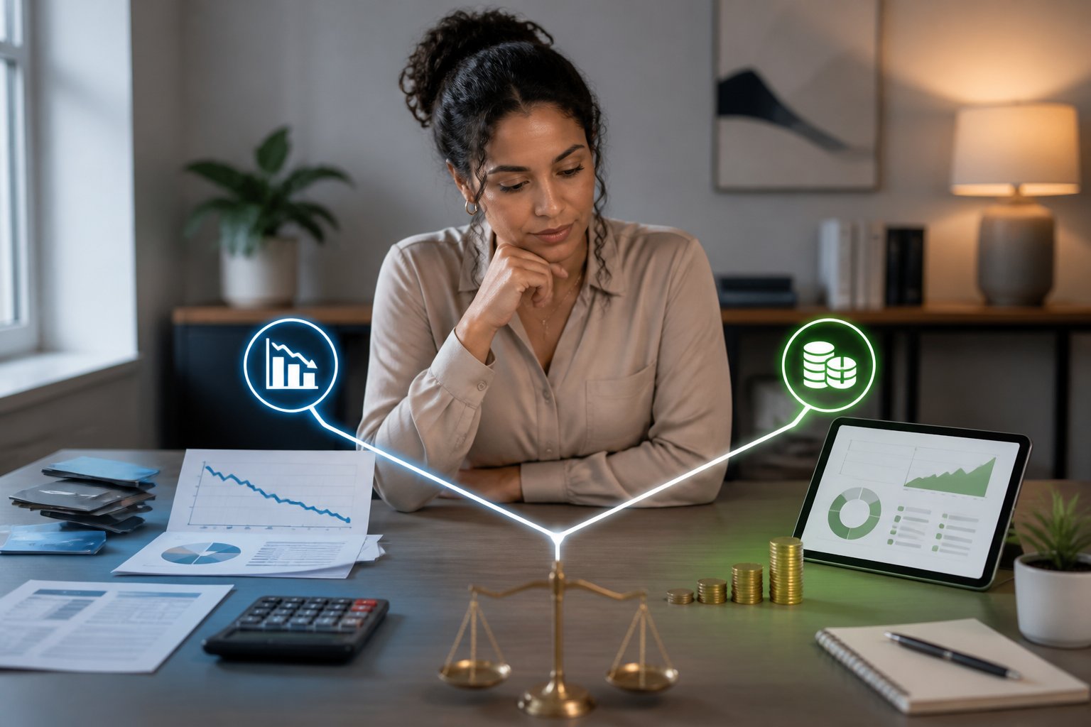 A professional compares debt repayment documents with retirement savings options at a desk.