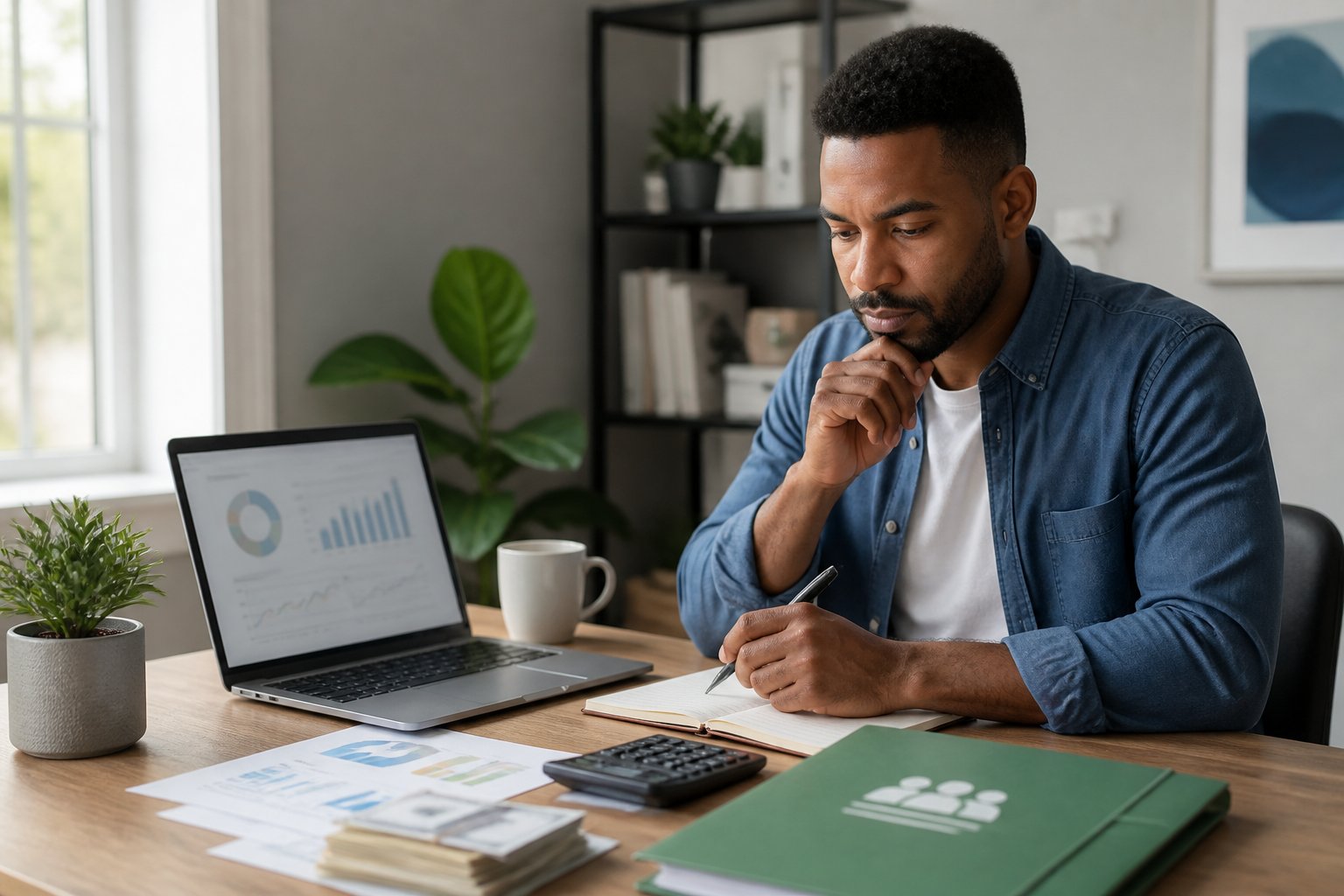 A professional reviewing retirement savings, bills, and debt repayment options at a home office desk.